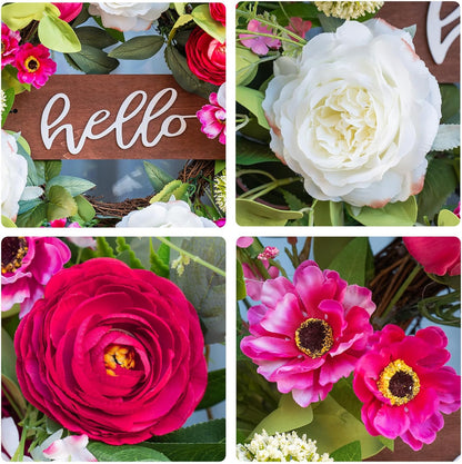 24 Inch Spring Summer Wreath with Pink Peony, Tulip, White Rose and Hello Wooden Sign