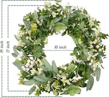 Vlorart Artificial Spring Summer Christmas Greenery Wreaths for Front Door Green Eucalyptus Leaf Wreath Decor Boxwood with Big Berries for Farmhouse Outside Year Round