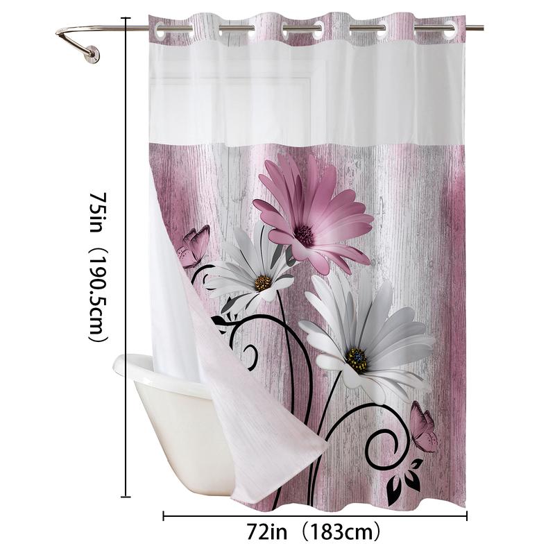 Double-Layer Daisy Printed Shower Curtain - Hookless Waterproof Fabric for Bathroom