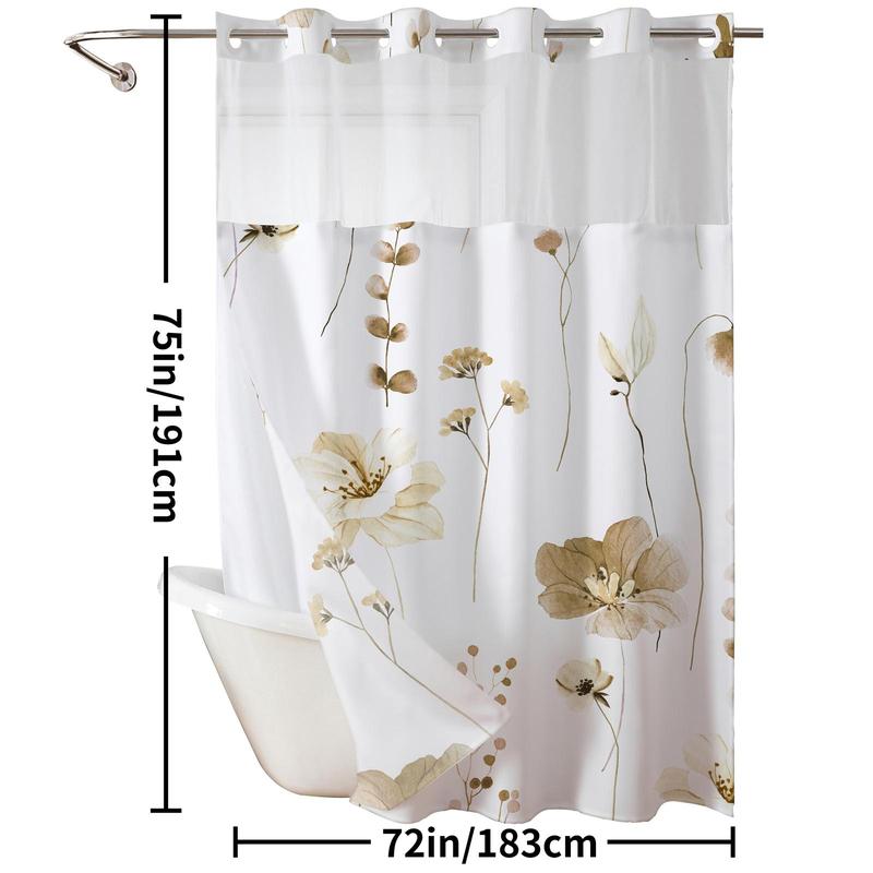 Ink and Wash Floral Double-Layer Shower Curtain, Hookless Country Style Decor, 72x75in