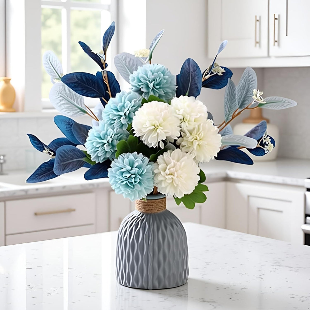 LADADA Blue Artificial Flower Bouquet in Ceramic Vase, White and Blue Ball Chrysanthemum with Eucalyptus, Minimalist Desk Decor for Office Home Centerpiece