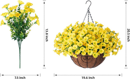 Artificial Fake Hanging Flowers Plants Baskets for Spring Outdoors Decor, Faux Silk Morning Glory in Planter UV Resistant Realistic Outside Flowers for Outdoor Porch Patio Balcony Yard Home, Yellow