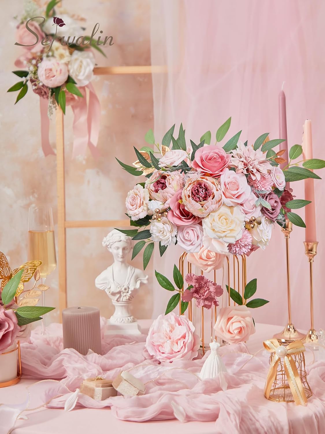 Serwalin Pink Artificial Flowers Peonies, Fake Silk Flowers Wedding Bouquet Bridal Centerpieces Flowers for Decoration, Cake Flower Home Decor