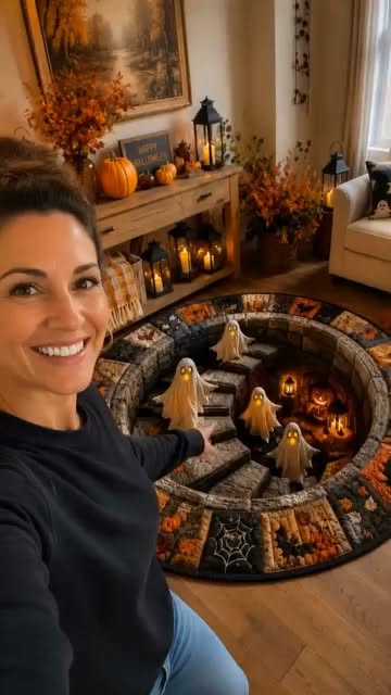 3D Haunted Staircase Round Rug - Spooky Optical Illusion Halloween Floor Carpet