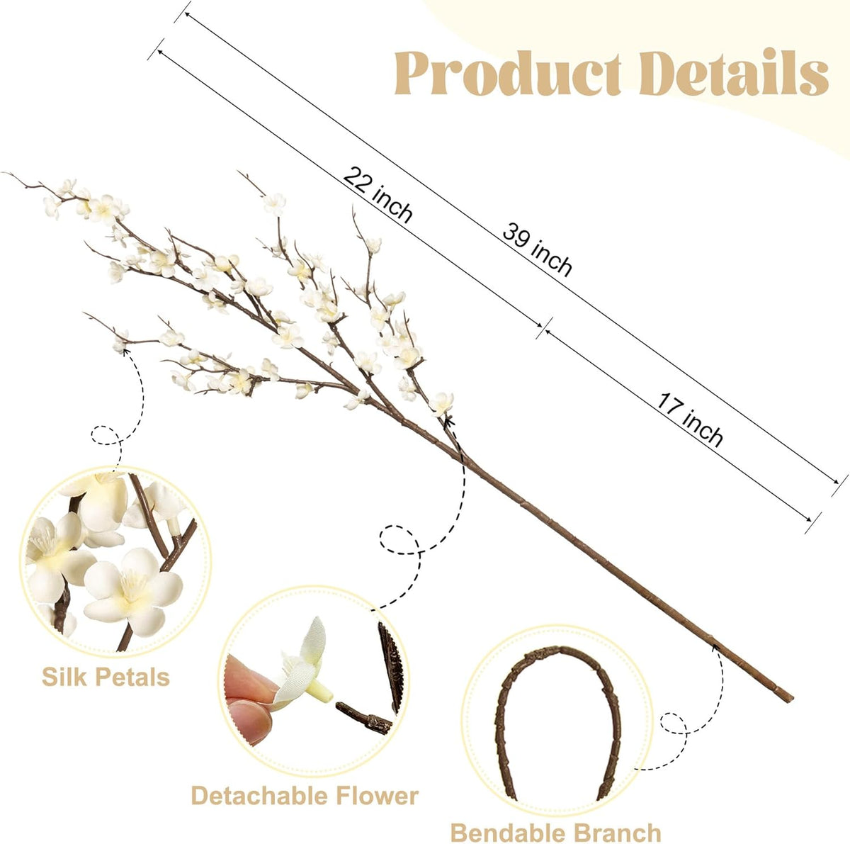4 Pcs Cherry Blossom Branches Artificial Flowers for Spring Summer Indoor Decoration, Faux Long Stem Artificial Flowers for Wedding Home Office Bedroom Party Table Centerpieces Decor (White)
