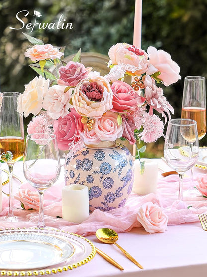 Serwalin Pink Artificial Flowers Peonies, Fake Silk Flowers Wedding Bouquet Bridal Centerpieces Flowers for Decoration, Cake Flower Home Decor