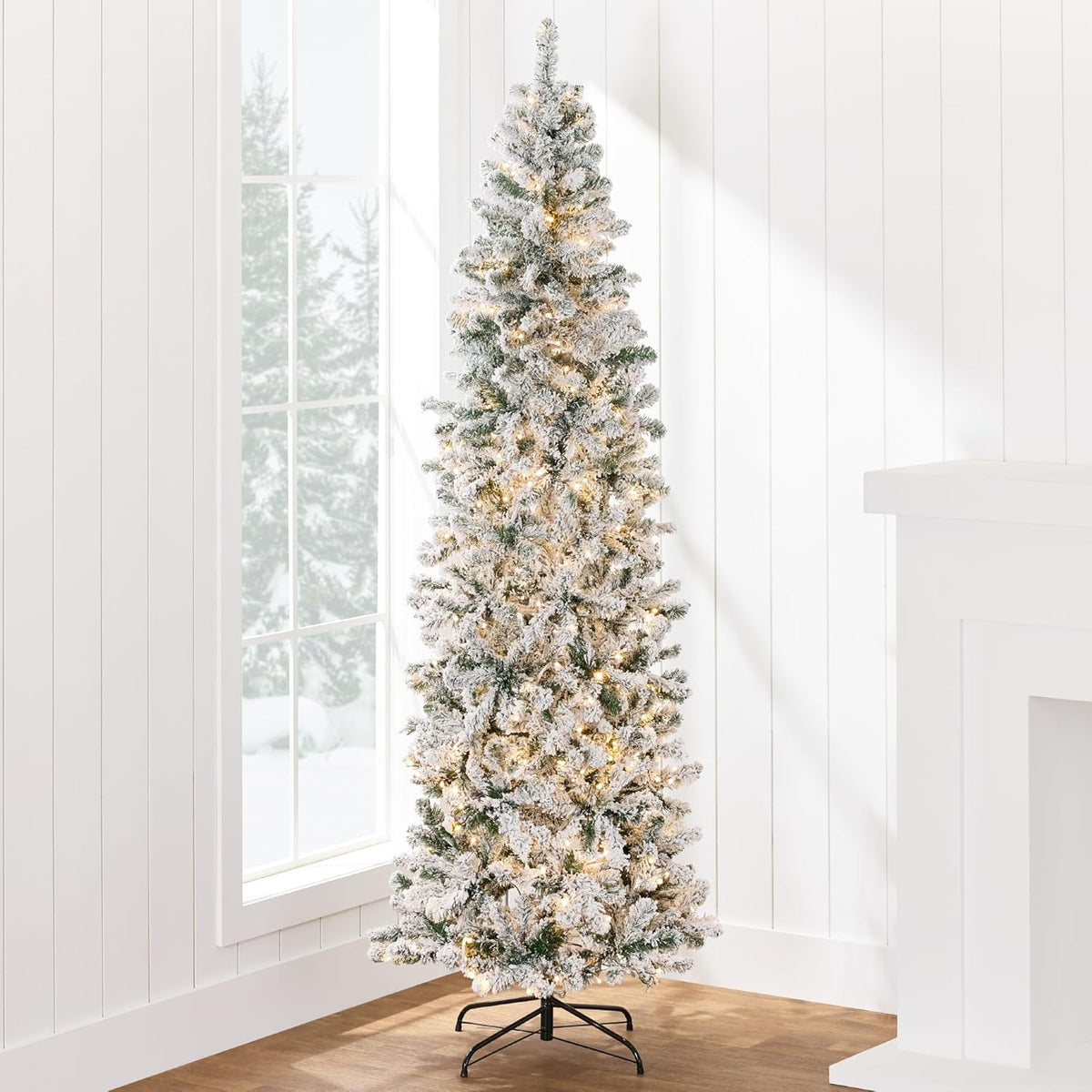 Timeless Prelit Flocked Pencil Warm Holiday Decor Set