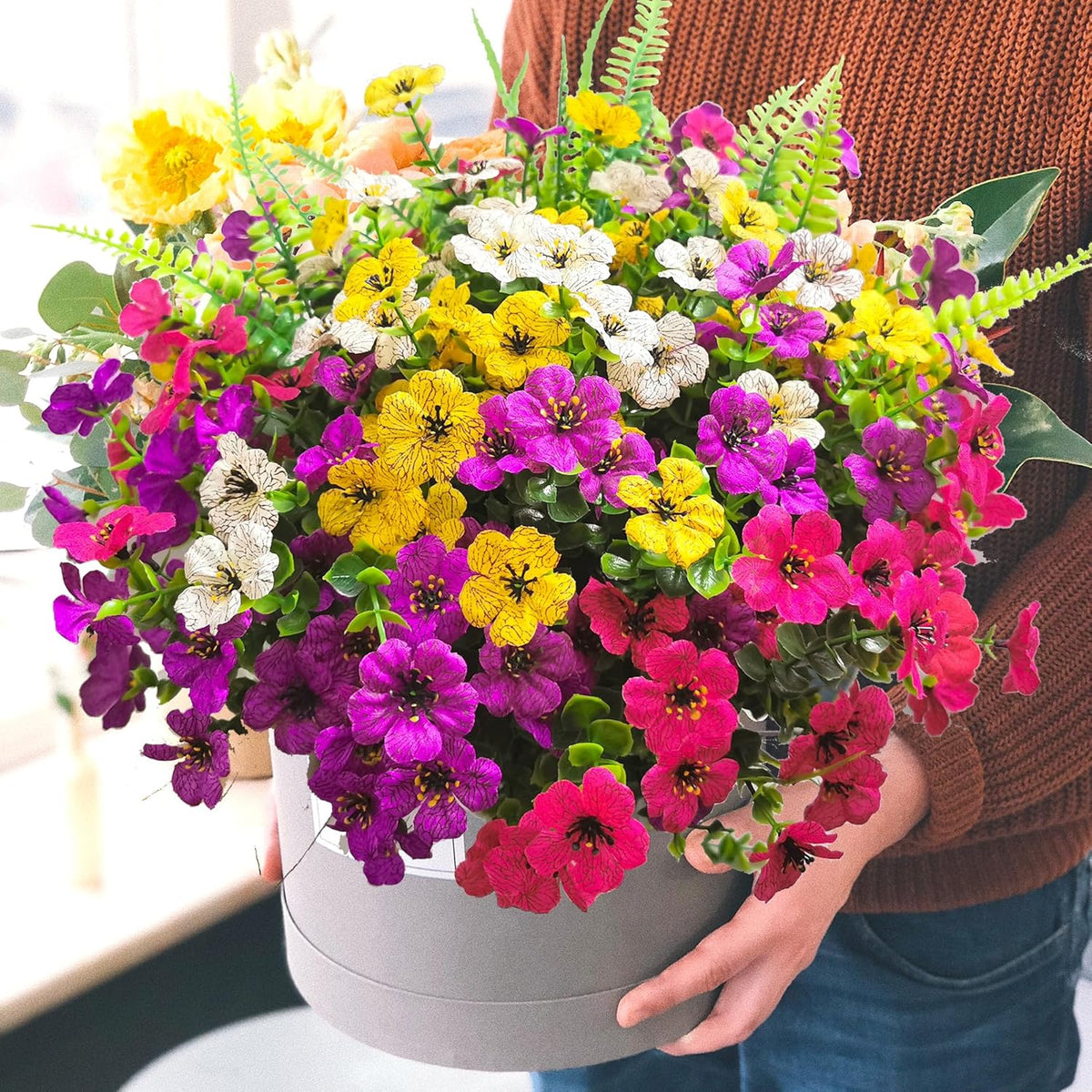 Artificial Fake Flowers for Outdoors, 16 Bundles Artificial Plants Outdoor Faux Plants UV Resistant, Realistic Faux Silk Flower 6 Colors Spring Summer Decor for Porch Outside Planter Window Box