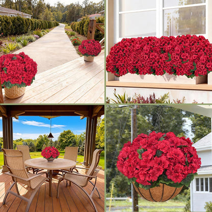 8 Pcs Artificial Geranium Flowers for Outdoor Spring Summer Decor - UV-Resistant & Realistic Silk Faux Plants for Garden Porch Patio Yard Balcony Home Kitchen Table Centerpieces Decoration, Red