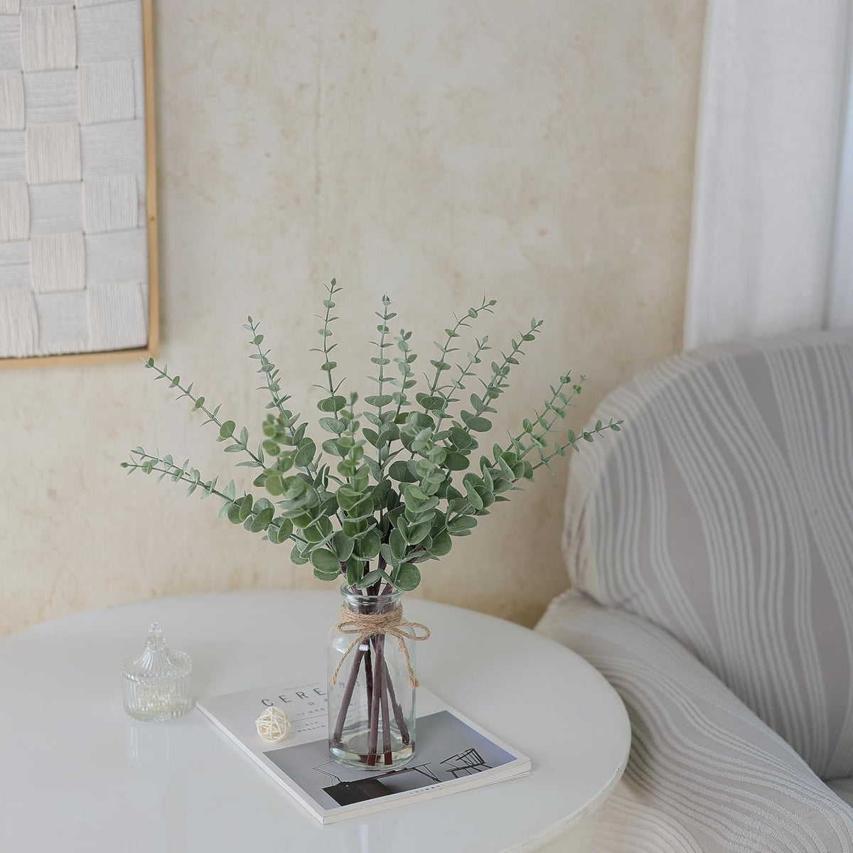 VIERENA 17.5" Artificial Eucalyptus Stems in Glass Vase with Faux Water, Fake Plant Eucalyptus Leaves White Seeds for Centerpiece Table Decorations Farmhouse Wedding Home Greenery Decor (Sage Green)