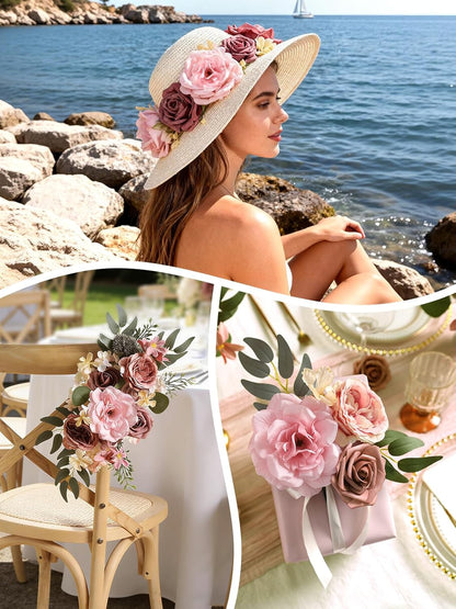 Dusty Rose Artificial Flowers Set - Fake Roses, Peonies, Silk Flowers with Stems for DIY Wedding Bouquets, Floral Arrangement, Table Centerpieces, Baby Shower, Home Decor