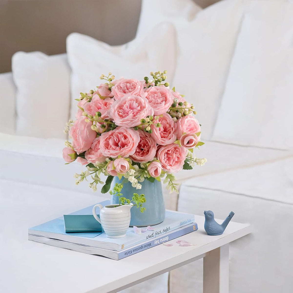 Artificial Peonies Silk Flowers, 4 Bundles Faux Peony Bouquet for Farmhouse Home Decor, Light Pink