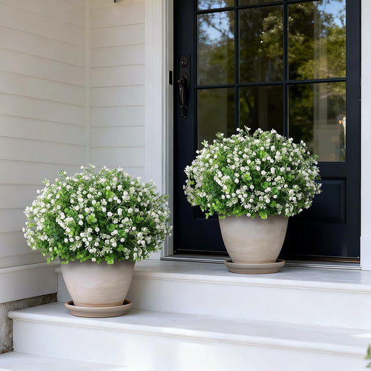 Artificial Eucalyptus with Baby's Breath Topiary Ball Trees - 2 Set Faux Potted Plants