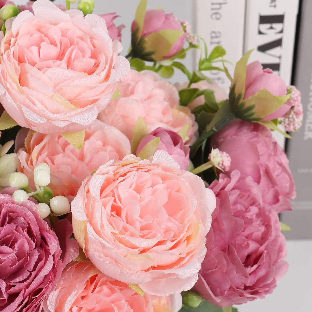 Artificial Peonies Silk Flowers, 2 Bundles Pink Faux Peony Bouquet for Home Wedding Decor