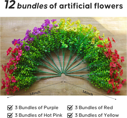 Artificial Flowers for Outdoors, Fake Faux Plants Outside Realistic Spring Summer Decor, UV Resistant Silk Flowers for Home Porch Garden (12, Purple Red Yellow Hot Pink)