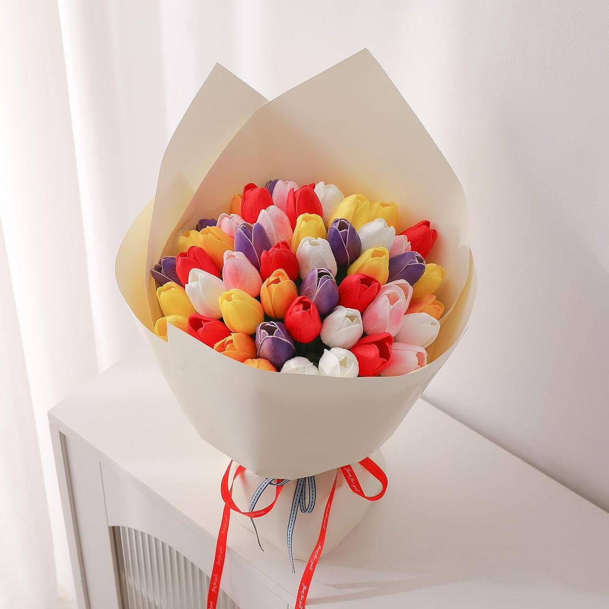 24 Pcs Artificial Tulips PU Faux Flowers, Red Real Touch Fake Tulips for Valentine's Day Spring Easter Home Kitchen Wedding Decorations and New Year Decor
