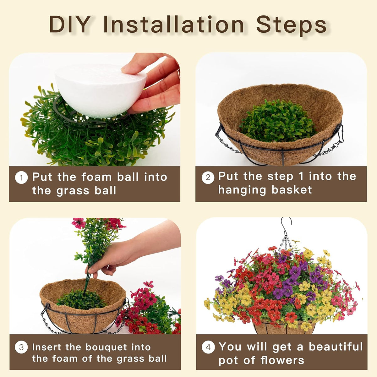 Senjie 2 Set Artificial Hanging Flowers with Basket for Outdoor Decor, UV Resistant 24 Bundles Faux Flowers Fake Hanging Planter for Porch Patio Balcony