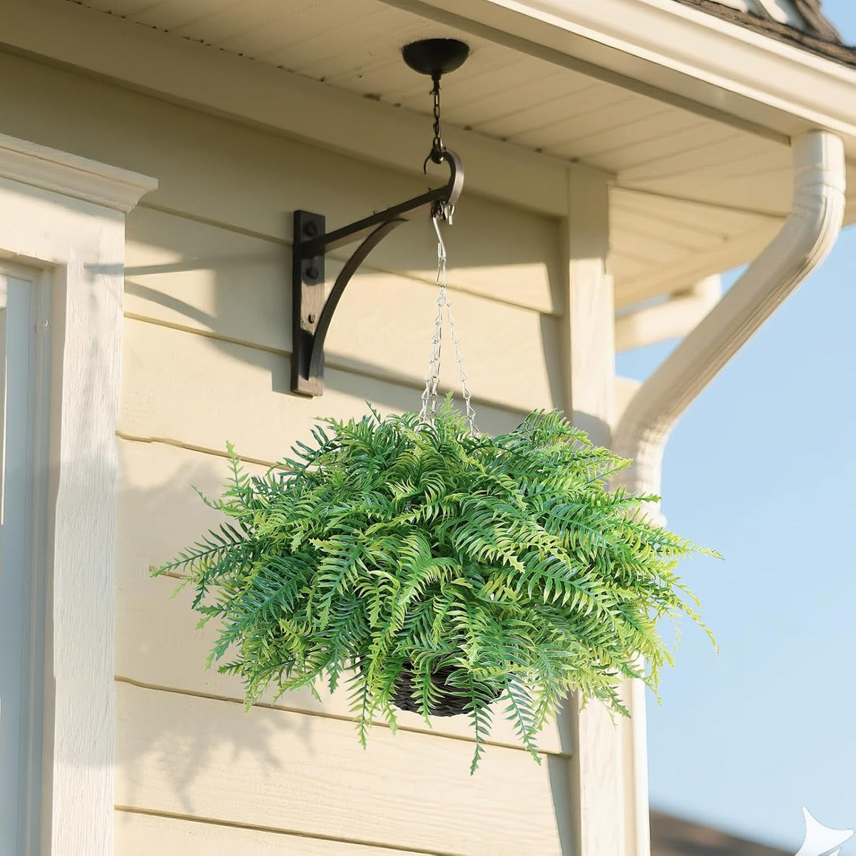 Artificial Ferns Plants with Hanging Basket-2 Set for Outdoor Decoration, Fake Boston Fern Hanging Planters Faux Greenery UV Resistant for Front Porch Patio Garden Farmhouse Home Decor (Green)