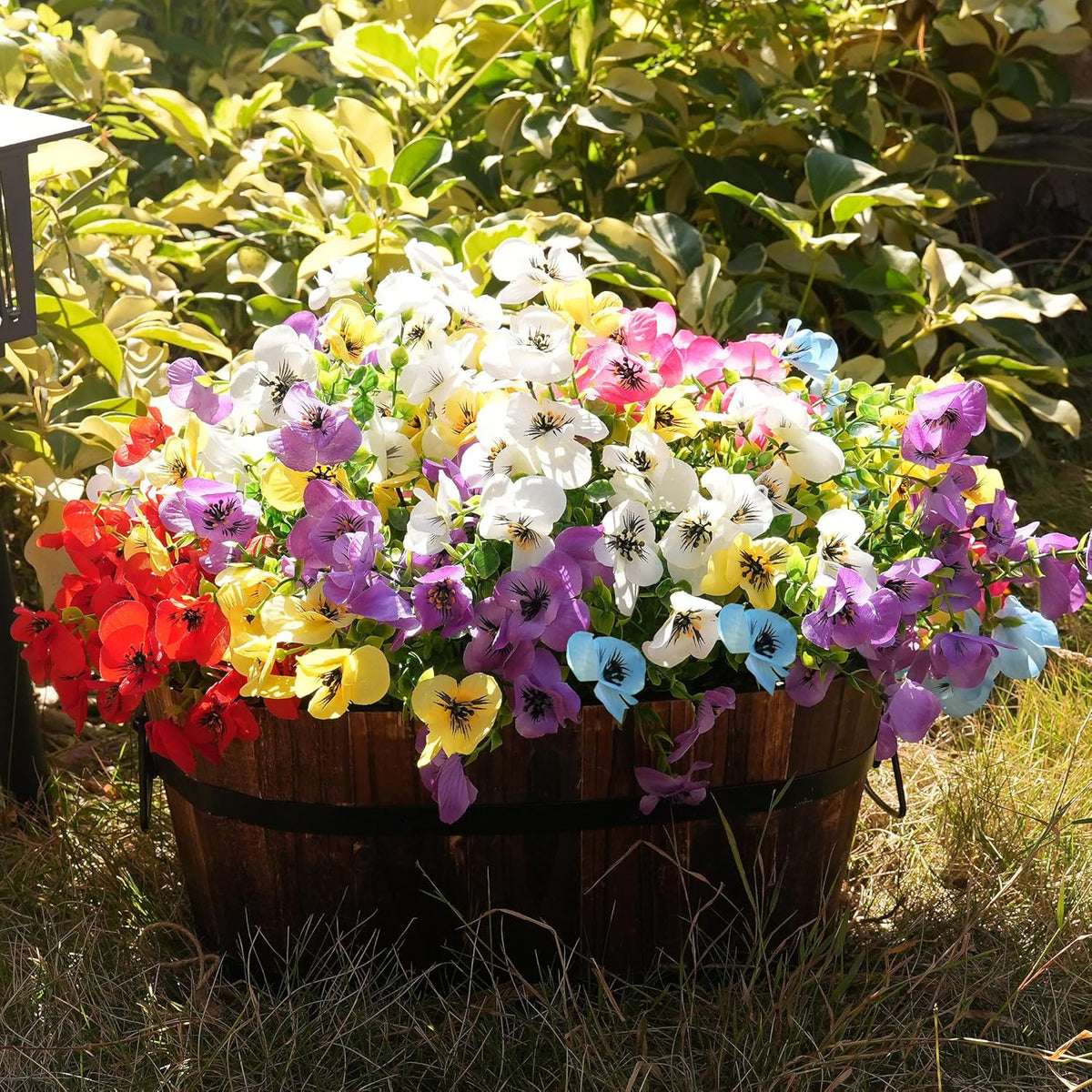 Artificial Flowers for Outdoor, UV Resistant Fake Silk Pansies Flowers, Realistic Faux Plants for Outside Indoor Porch Patio Window Box Planter Home Decor (16, Yellow Purple White Red)