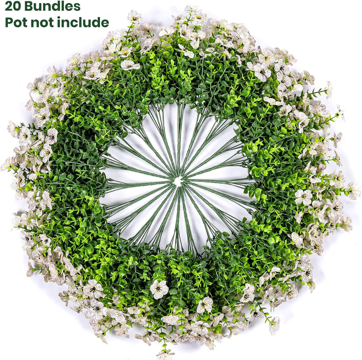 Lnoicy 20 Bundles Artificial Fake Flowers for Outdoor Faux Eucalyptus Flowers for Home Decoration, Fake Plants UV Resistant for Porch/Garden（White）