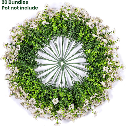 Lnoicy 20 Bundles Artificial Fake Flowers for Outdoor Faux Eucalyptus Flowers for Home Decoration, Fake Plants UV Resistant for Porch/Garden（White）