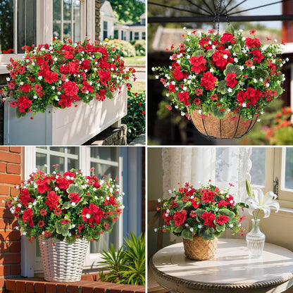 Ouddy Decor 18" Artificial Geranium Flowers for Outdoors, 10 Bundles Mixed Fake Silk Flowers Plastic Plants UV Resistant for Summer Garden Porch Patio Planter Kitchen Table Home Decor, Red