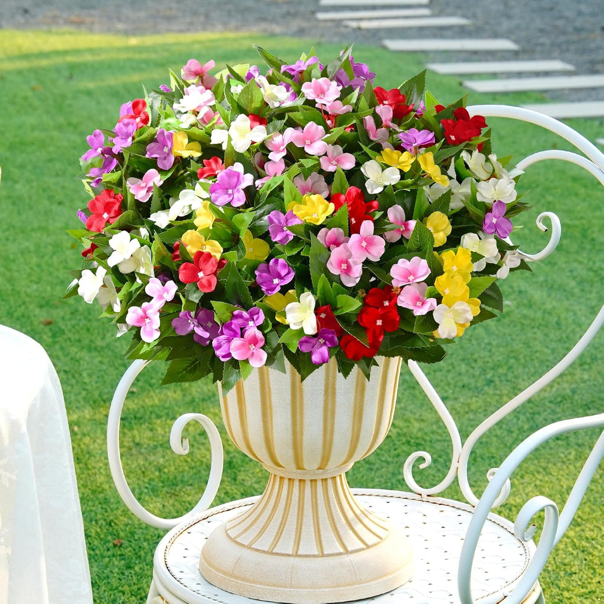 Waipfaru 5 Pcs Artificial Flowers for Outdoors, UV Resistant Faux Flowers for Outdoor Planters, Silk Impatiens Bouquet Mix Color Spring Artificial Plants for Garden Porch Patio Balcony Yard