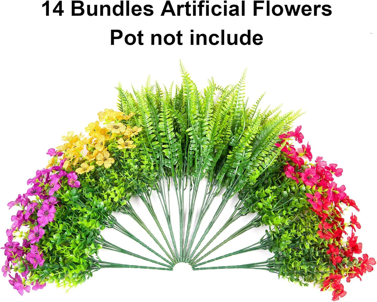 HyeFlora Artificial Faux Outdoor Flowers Plants for Summer Outside Decoration, 14 Bundles Fake Silk Colorful Daisy Ferns UV Resistant Realistic for Front Door Porch Planter Patio Yard