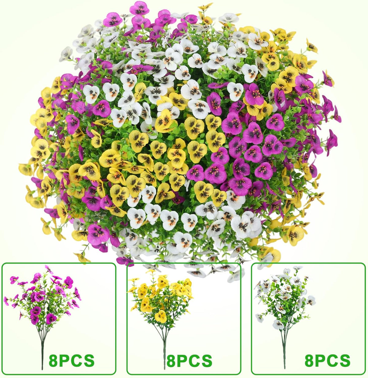 Alotiki Artificial Pansies for Outdoors, 24 Bundles Faux Silk Pansies Flowers UV Resistant Silk, Artificial Flowers for Porch Yard Garden Home Indoor Decor (Purple, White, Yellow)