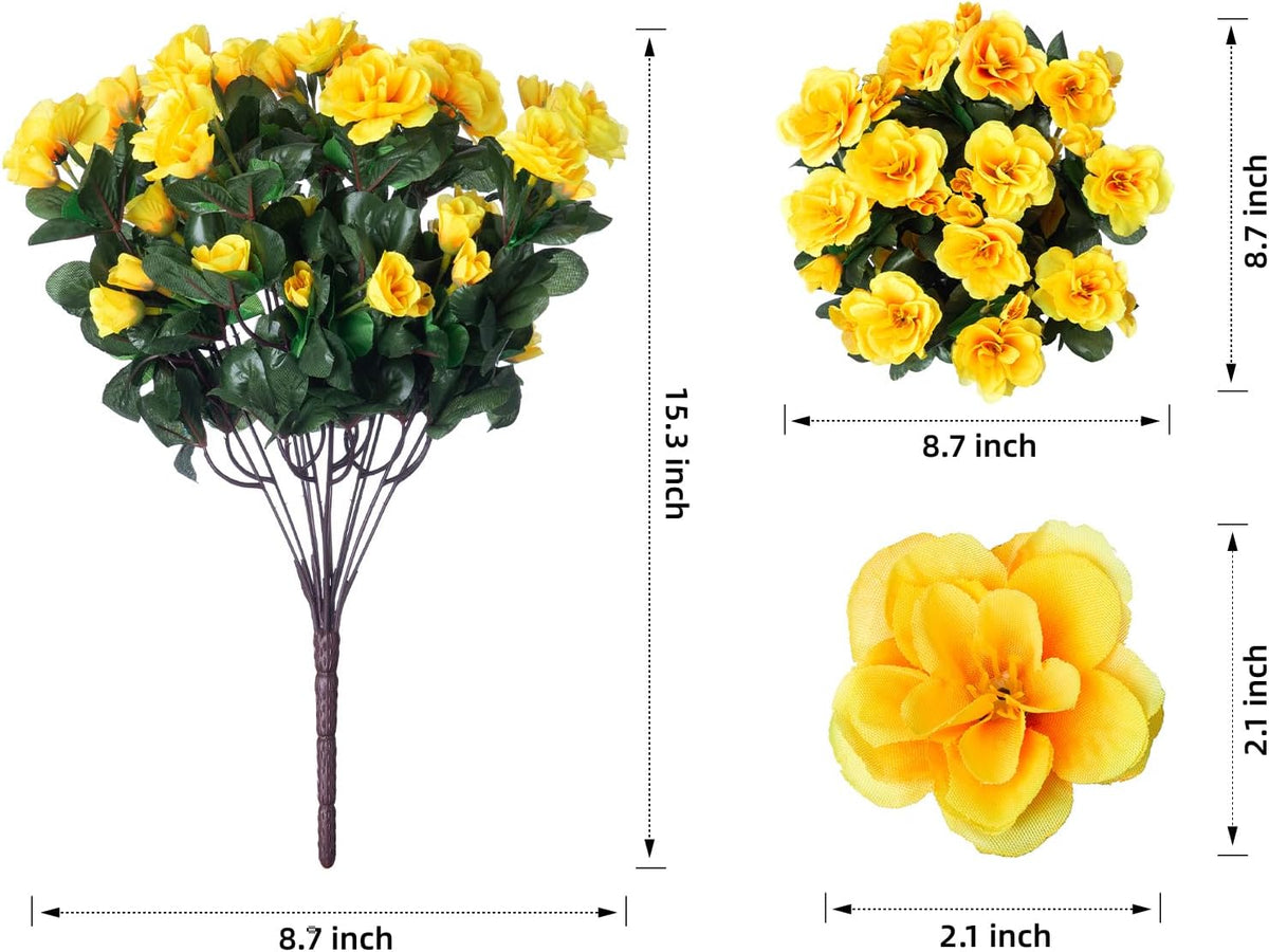 HyeFlora Artificial Fake Flowers Plants for Spring Outdoor Outside Decor, Faux Silk Yellow Camellia UV Resistant Realistic for Planter Front Door Porch Patio Balcony Decoration, 3 Large Bundles