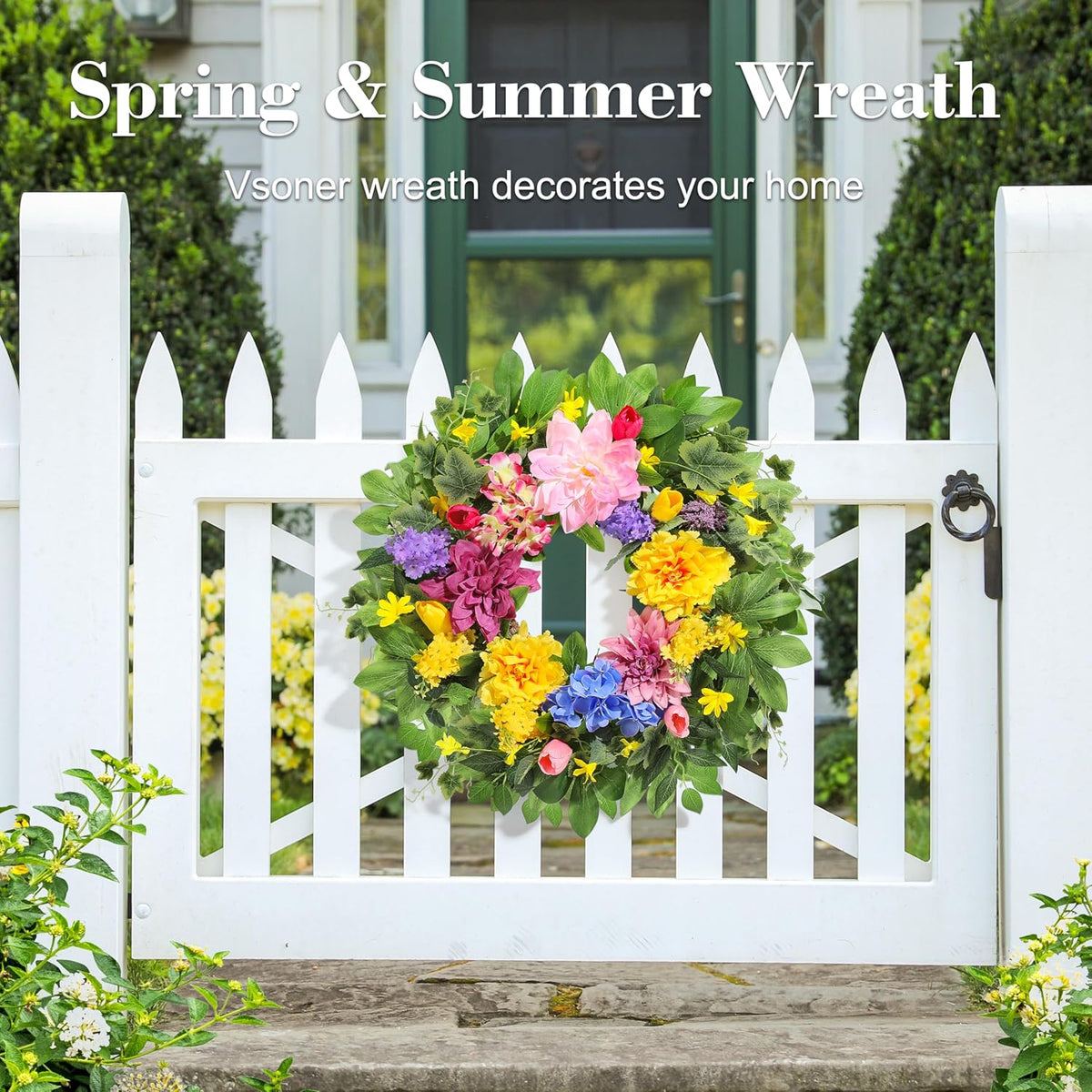 Spring Wreaths for Front Door, 24 Inch Greenery Front Door Wreath with Peonies Dahlias Hydrangeas, Artificial Home Decorations for Indoor Outdoor Window Wall, Outside Floral Wreath Decor for Home Porch