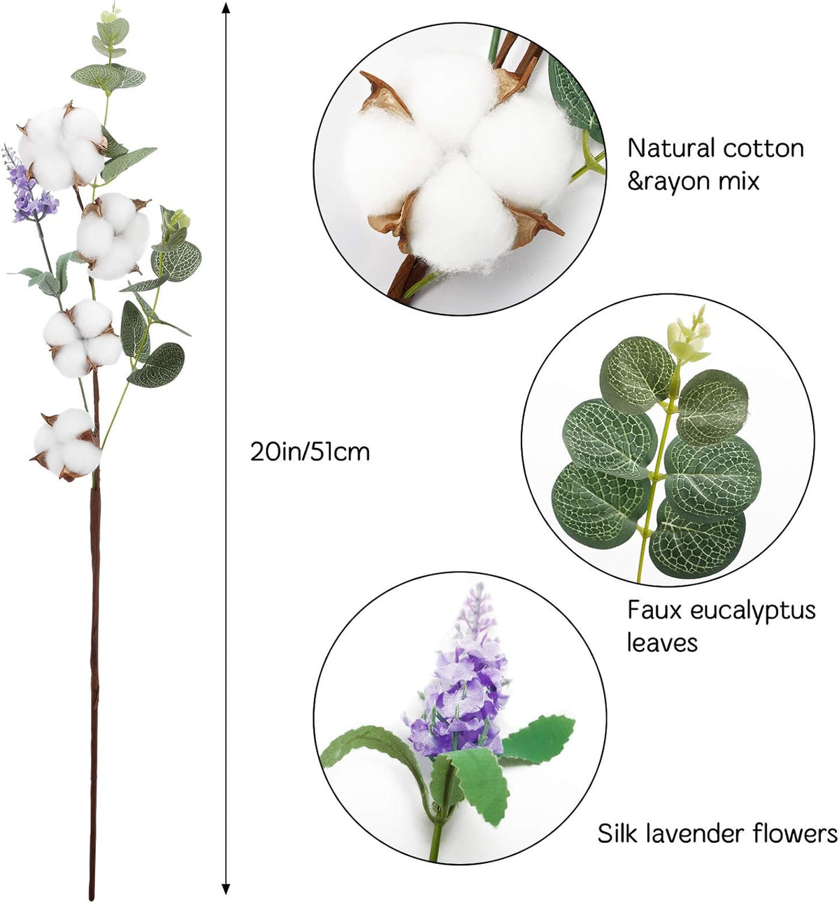 Ageomet 6 Pcs 20Inch Farmhouse Cotton Flowers, Faux Cotton Stems Arrangements for Home Decor, Artificial Cotton Floral Plants Decor with Eucalyptus Lavender Bulk