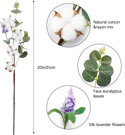 Ageomet 6 Pcs 20Inch Farmhouse Cotton Flowers, Faux Cotton Stems Arrangements for Home Decor, Artificial Cotton Floral Plants Decor with Eucalyptus Lavender Bulk