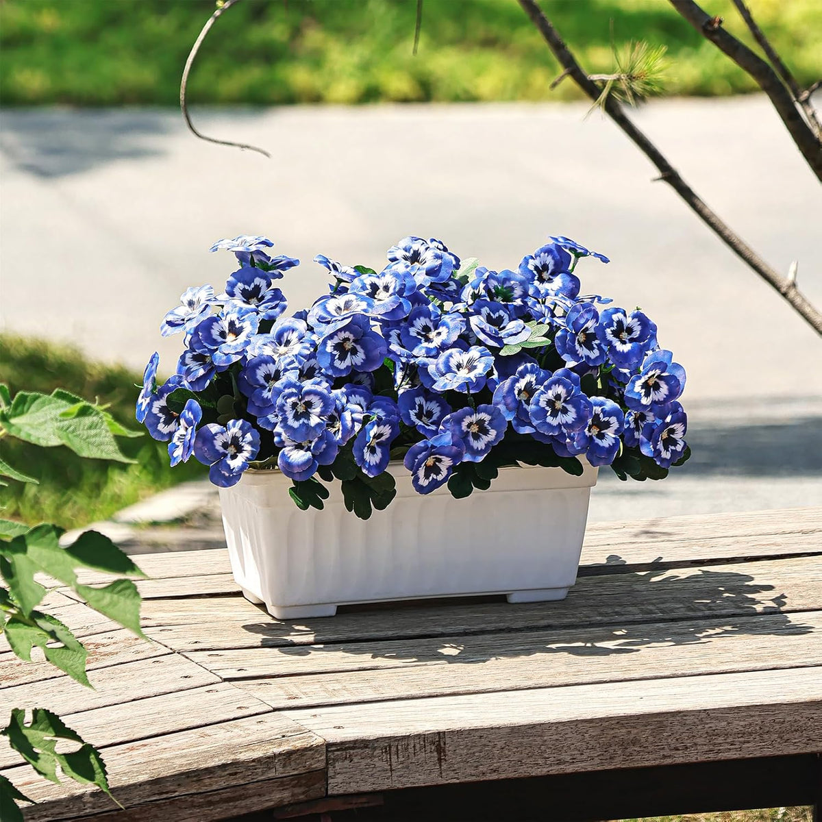 QIANYUN Artificial Flowers Outdoor-11.8in Pansies UV Resistant Plastic Flower in Bulk Fake Outdoor Plants (3, Blue Pansy)