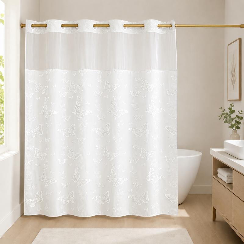 Hook-Free Double-Layer Butterfly Flocked Shower Curtain with Mesh Top Window, 71 x 74 in
