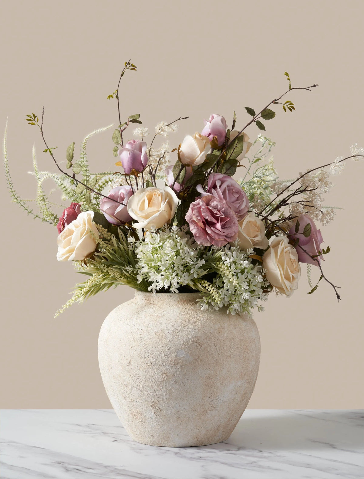 Faux Spring Floral Arrangement - Blush and Peach Roses with Wispy Foliage