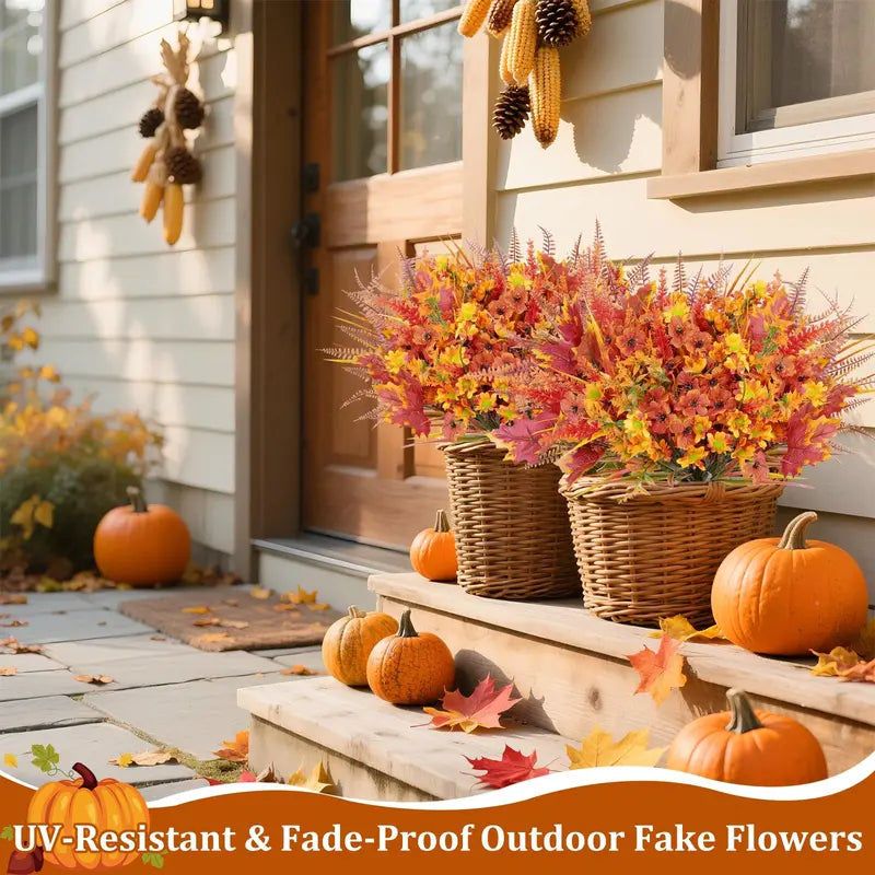 24-Bundle 6-Style Artificial Faux Plants Decorative Fall Flowers, UV-Resistant Orange Mums and Maple Leaves