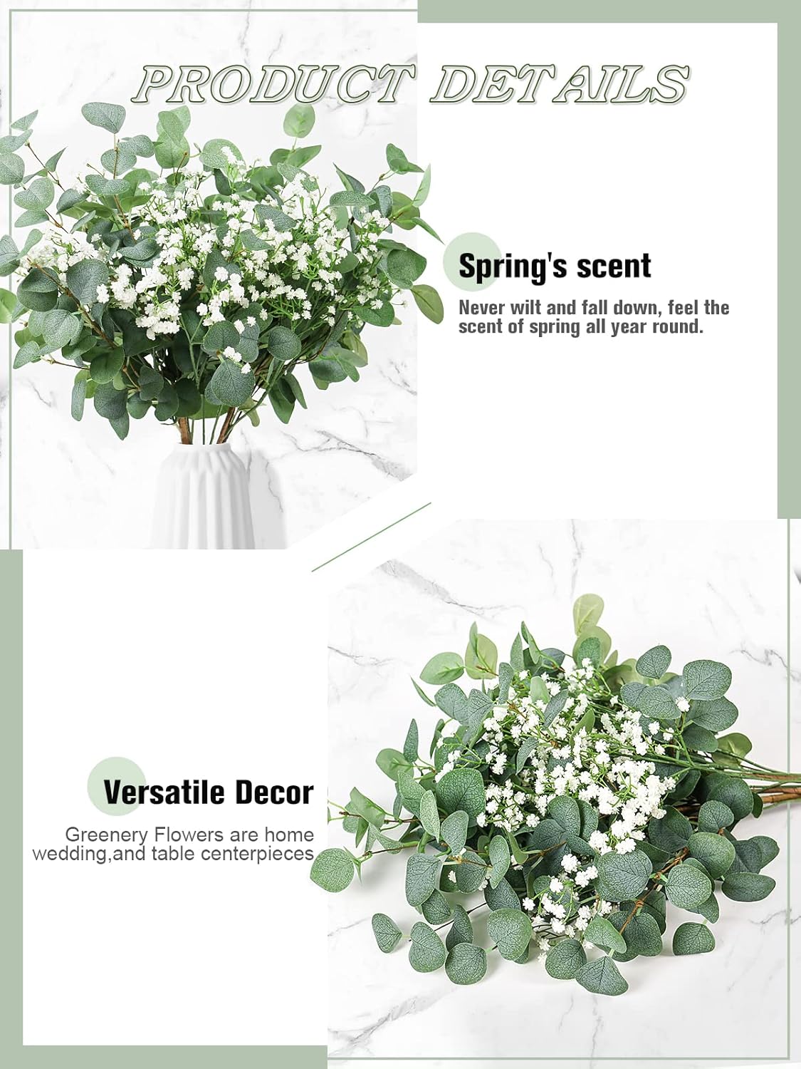 Beferr 5 Pcs Eucalyptus Stems & 6 Pcs Babys Breath Artificial Flowers Faux Greenery Bouquets for Wedding Table Centerpiece Home Decor