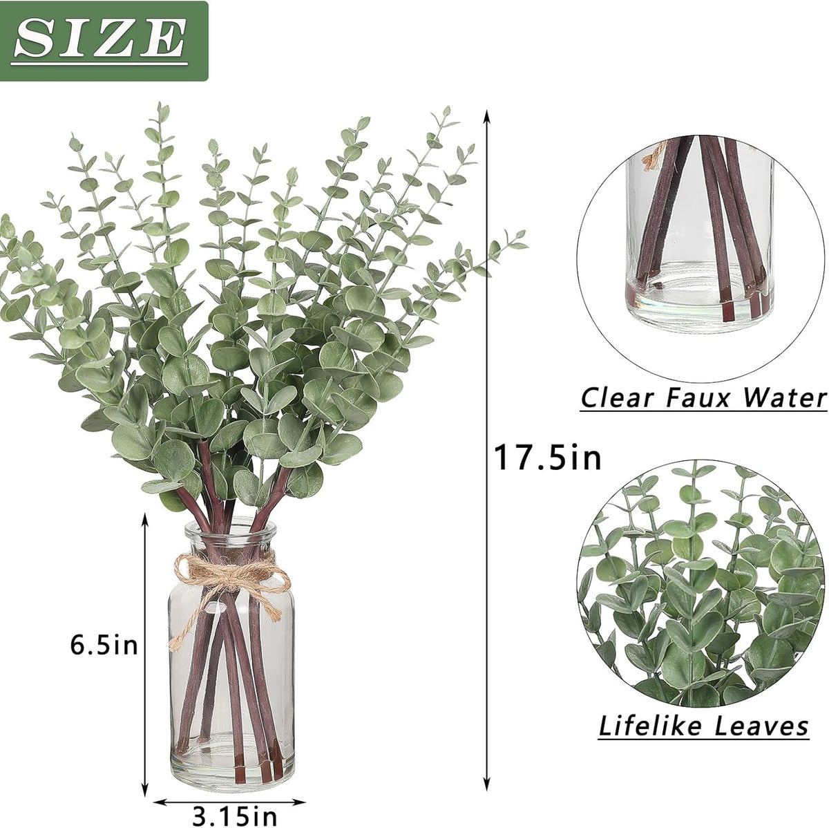 VIERENA 17.5" Artificial Eucalyptus Stems in Glass Vase with Faux Water, Fake Plant Eucalyptus Leaves White Seeds for Centerpiece Table Decorations Farmhouse Wedding Home Greenery Decor (Sage Green)
