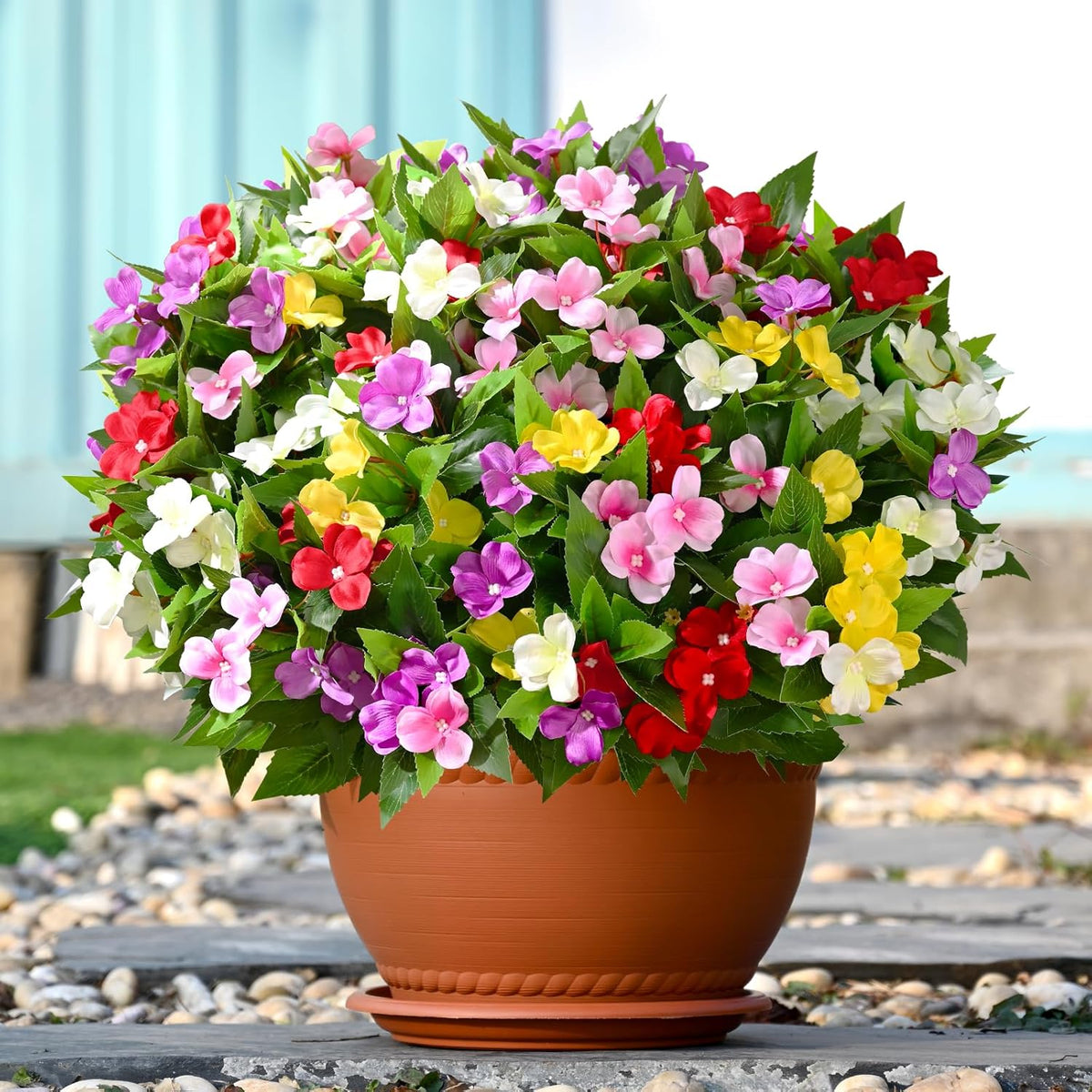 Waipfaru 5 Pcs Artificial Flowers for Outdoors, UV Resistant Faux Flowers for Outdoor Planters, Silk Impatiens Bouquet Mix Color Spring Artificial Plants for Garden Porch Patio Balcony Yard