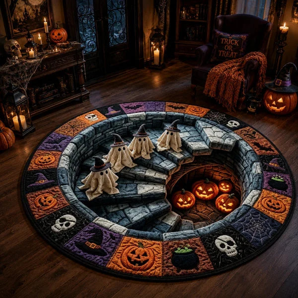 3D Haunted Staircase Round Rug - Spooky Optical Illusion Halloween Floor Carpet