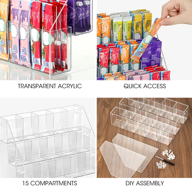 15-Slot Clarity Acrylic Drink Packet Organizer - Display Holder and Storage Rack for Water Flavor Mix