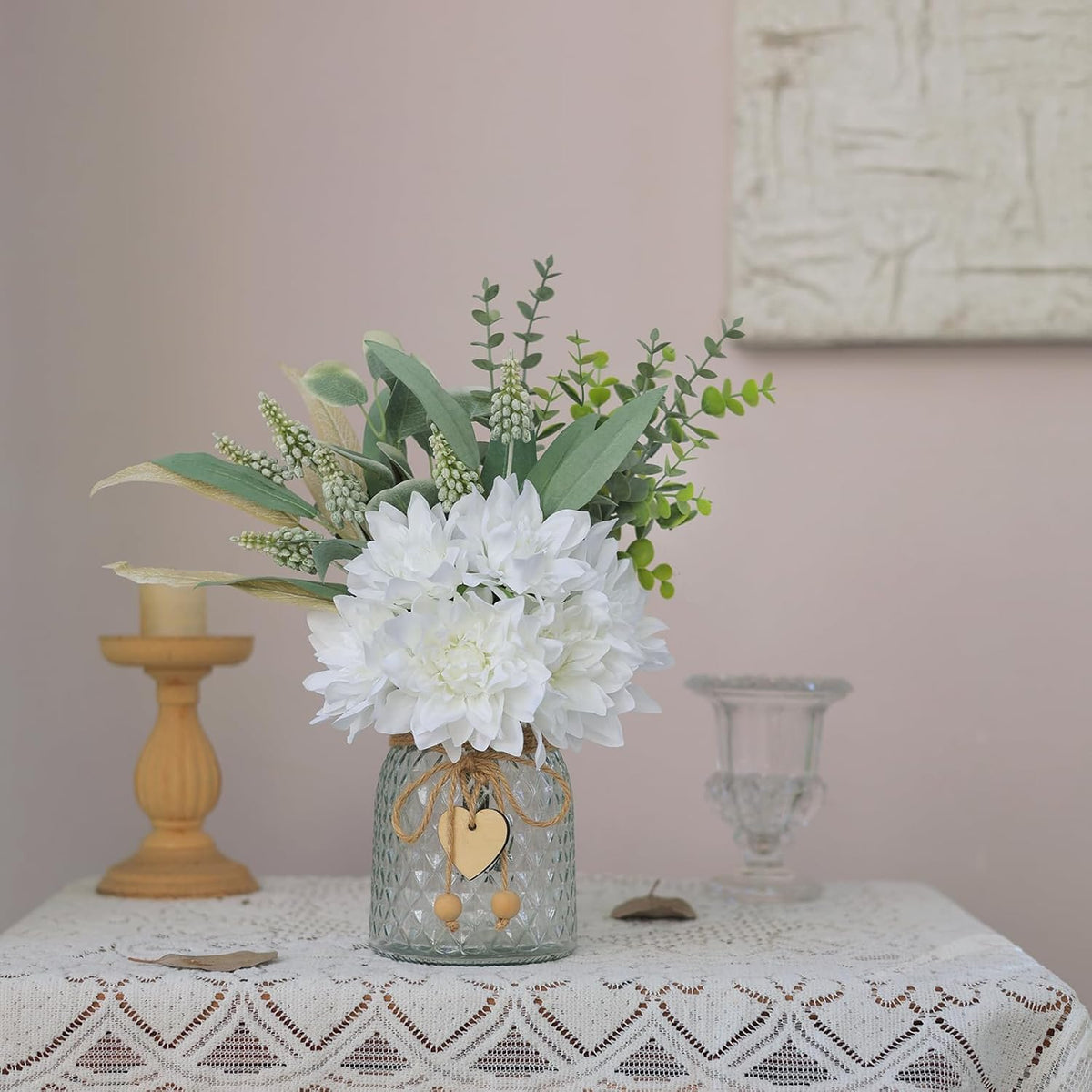Faux Flowers with Vase, Artificial Silk Flowers in Vase, Fake Plant Eucalyptus and Willow, Flower Arrangement for Home Farmhouse kitchen Dining Table Centerpiece Decorations Coffee Table Decor (White)