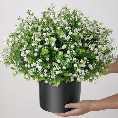 Artificial Eucalyptus with Baby's Breath Topiary Ball Trees - 2 Set Faux Potted Plants
