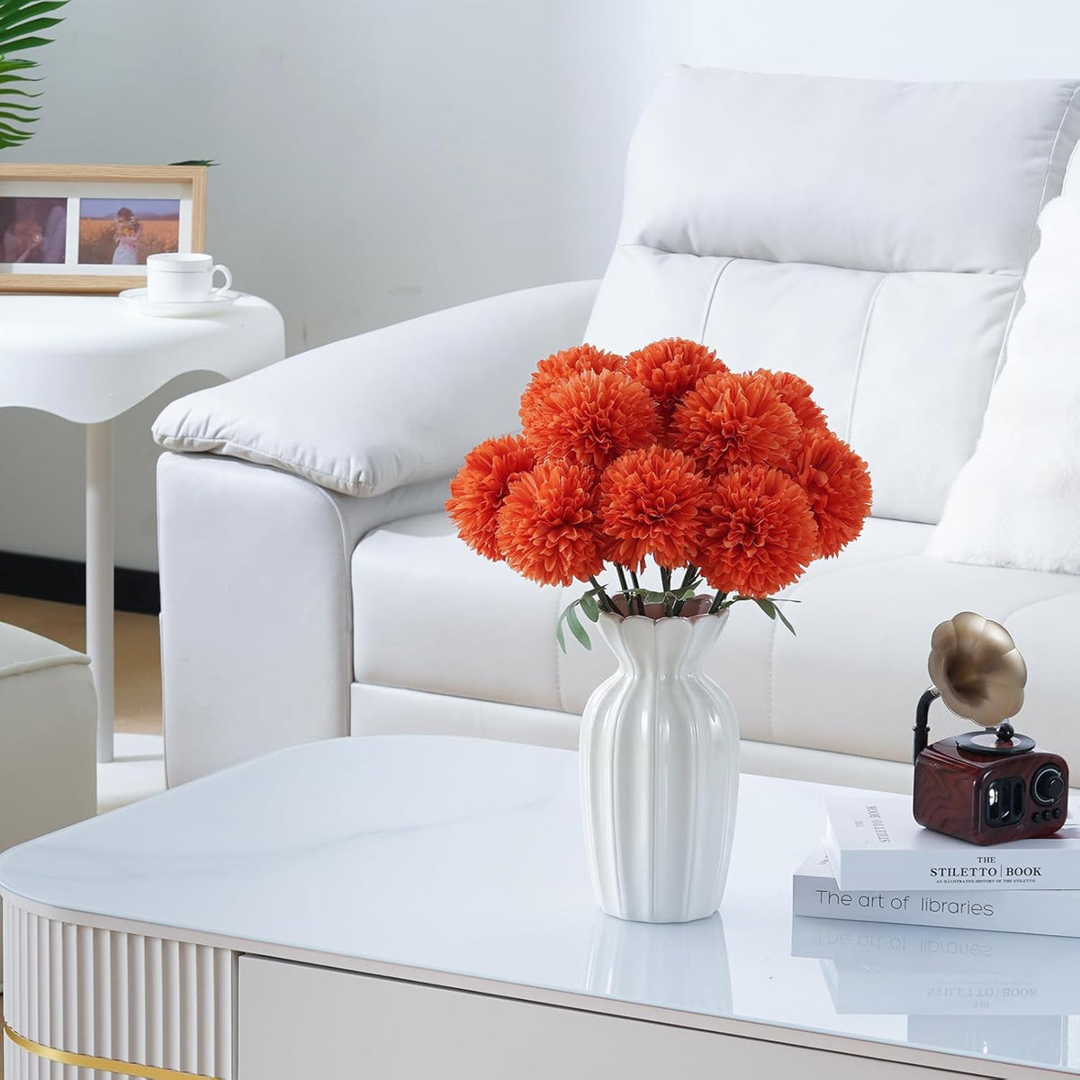 BonBloom's Artificial Chrysanthemums Flowers, 10 Pcs Realistic Large Faux Mums Chrysanthemums Ball Silk with Stems for Autumn Easter Home Floral Arrangement Table Centerpiece (Orange)