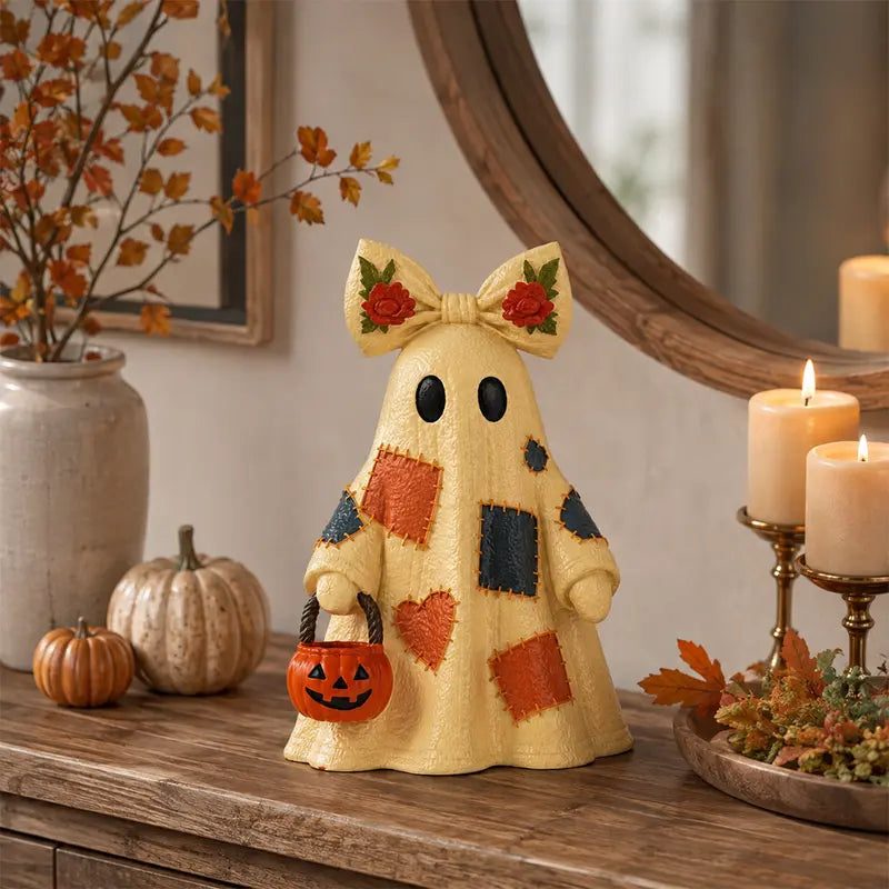 Lighted Patchwork Ghost with Pumpkin Lantern - Modern Minimalist Halloween Figurine