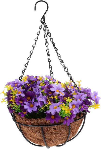 Outdoor Hanging Basket Purple Artificial Flowers Faux Plant in Pot Iron Hanging Flower Garland for Porch