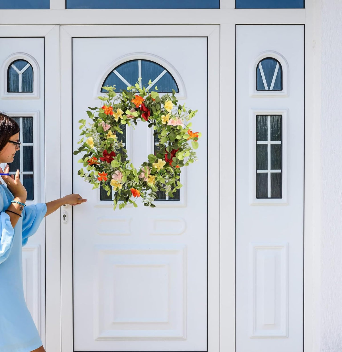 22IN Artificial Spring Summer Wreath with Wild Flowers & Silk Daisies Eucalyptus, UV Resistant, Colorful Wreath - for Spring Summer Indoor Outdoor Home Décor