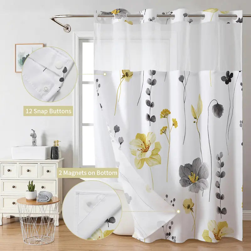 Ink and Wash Floral Double-Layer Shower Curtain, Hookless Country Style Decor, 72x75in