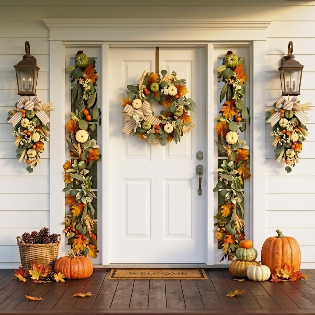 20'' Fall Wreath for Front Door with 20 LED Lights, Pumpkins and Burlap Bow